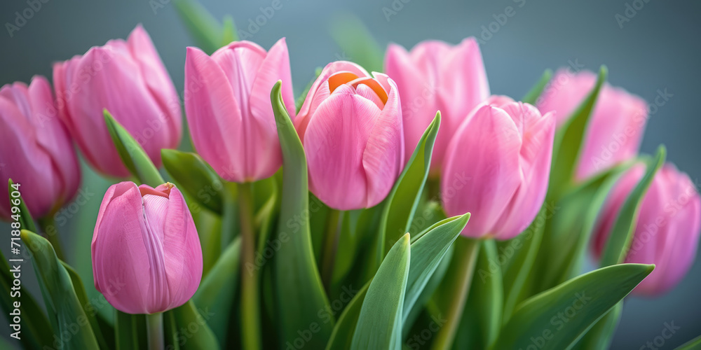 Beautiful bouquet of pink tulips on blurred background. Ai generation. Beautiful bouquet of pink tulips on blurred background. Ai generation.