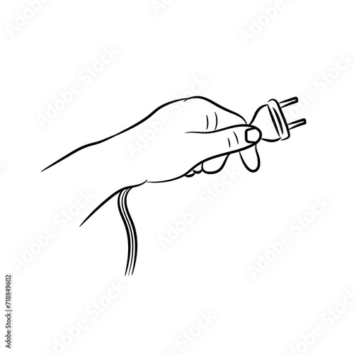Hand drawn line illustration of Hands put in or pull out the plug. Vector sketch
