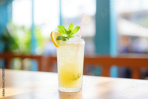 iced lemonade with mint leaves and a striped straw
