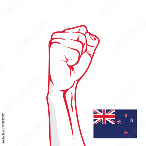 New Zealand flag with raised protest hands vector, country flag, New Zealand protesting concept, flat design, against idea