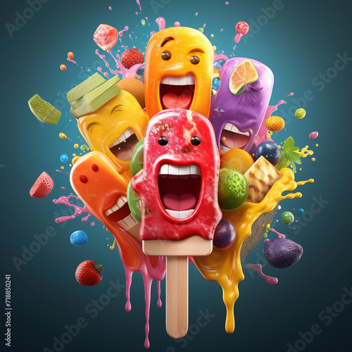  Colorful illustration of ice cream with fruits created with Generative Ai