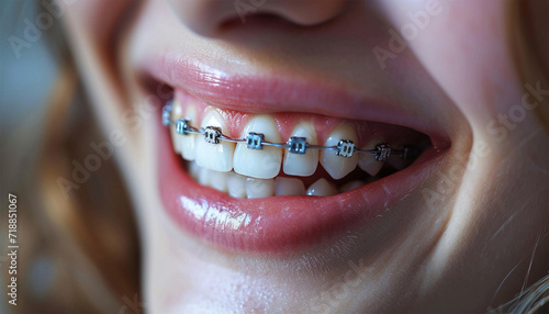 Portrait of a happy smiling teenage girl with dental braces. Portrait teeth with brace teenage girl orthodontist concept