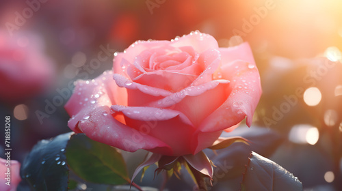 Pink Rose with drops of rain. AI generated image.