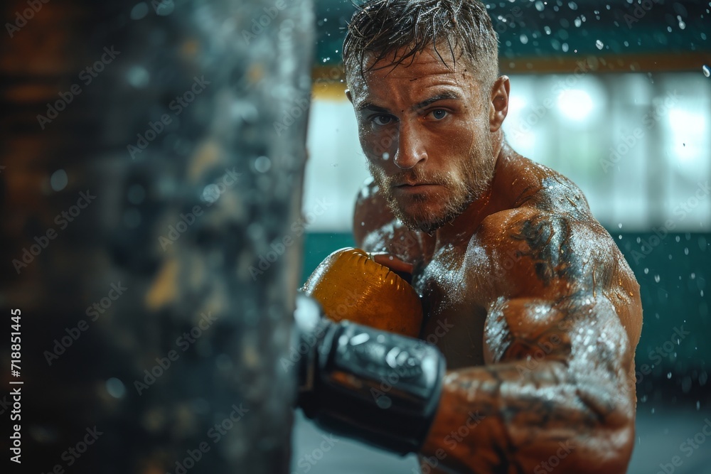 Brutal boxer man boxing in the gym Brutal boxer man boxing in the gym