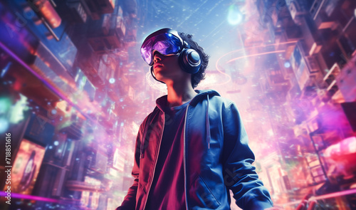 Metaverse technology concept. Man in VR headset or 3d glasses of virtual reality looks and interacts with holographic interface of VR or AR simulation