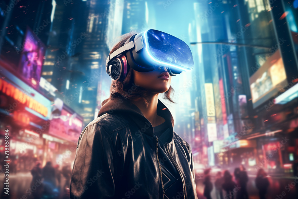 Woman having fun playing VR glasses virtual reality metaverse playing games. Woman in VR headset or 3d glasses of virtual reality. Digital future technology. Futuristic lifestyle Woman having fun playing VR glasses virtual reality metaverse playing games. Woman in VR headset or 3d glasses of virtual reality. Digital future technology. Futuristic lifestyle