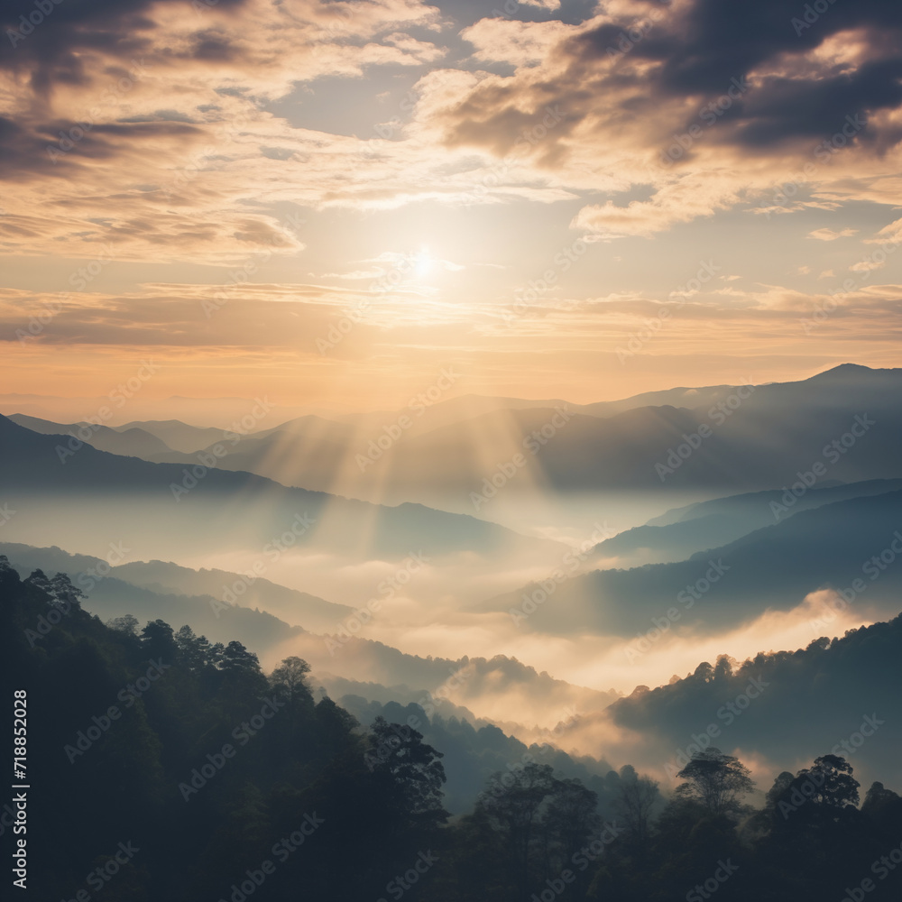 Aerial view of mountains under mist morning Aerial view of mountains under mist morning