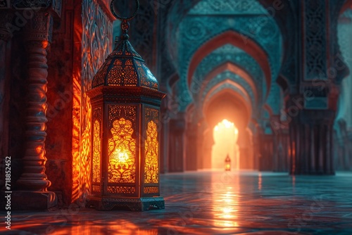 Glowing Lamp in a Grand Mosque  A Celebration of Ramadan and Eid Generative AI