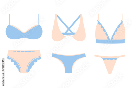 Set of women underwear, ladies lingerie. Different Bra and panties. Underclothes, bikini collection. Brassiere and underpants, pants, briefs.