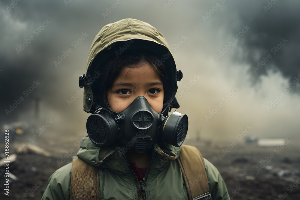 A child with a gas mask as a concept of air pollution awareness A child with a gas mask as a concept of air pollution awareness