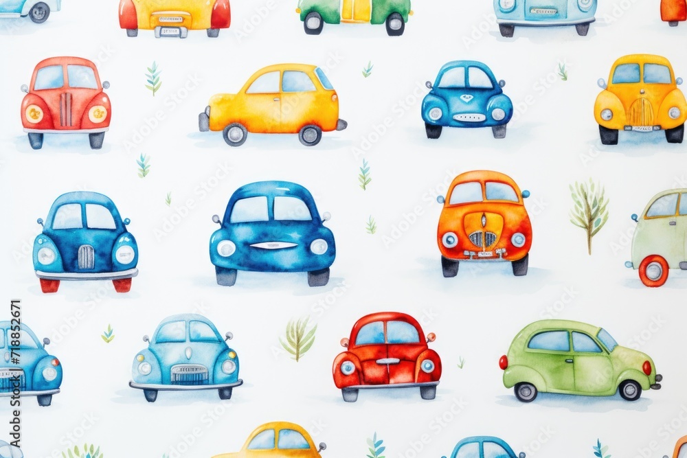 watercolor background of colorful cars