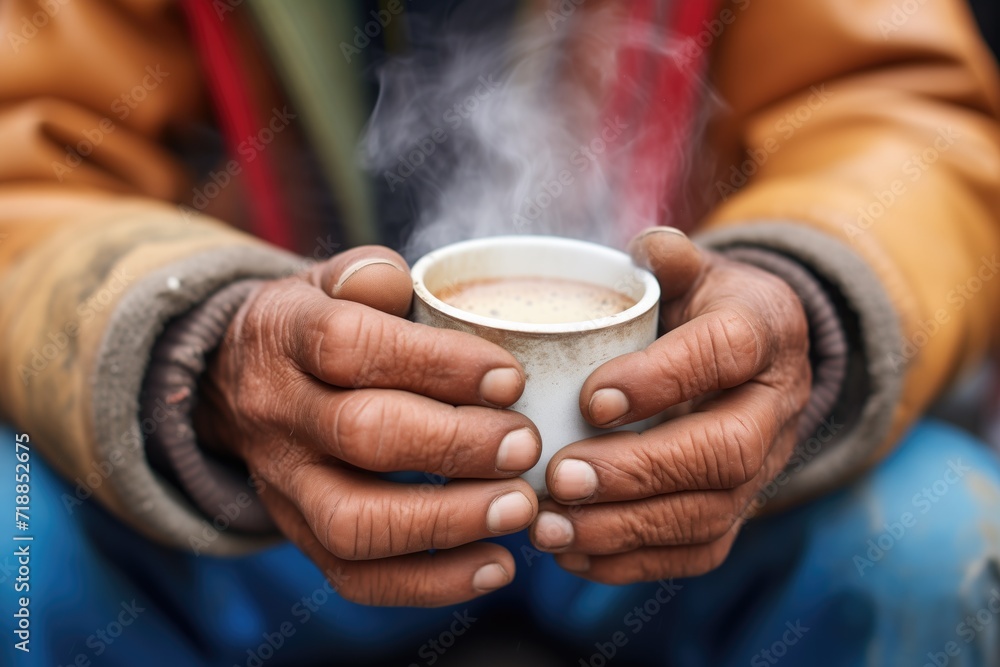 closeup of hands holding a cup of chai with steam rising closeup of hands holding a cup of chai with steam rising
