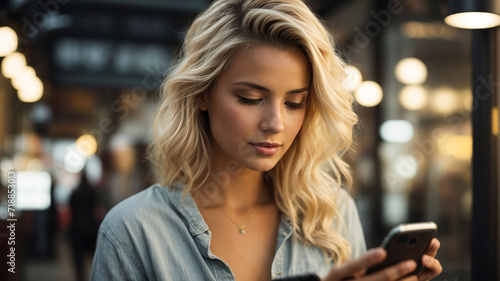 Attractive beautiful young blond or European woman using and texting on her smart phone mobile for service 5g digital communication and online social media. Generative AI