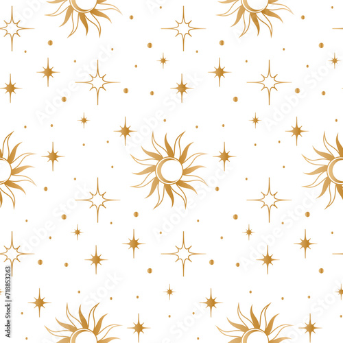 Seamless background with gold stars and suns. pattern. Wrapping paper.