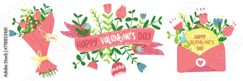 Pink set with flowers. Vector bouquet, ribbon, pink envelope highlighted on a white background. Flowers in different shapes and congratulations on the Valentine's Day holiday. A gift from a loved one