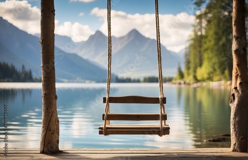 Wooden swing overlooking a serene lake surrounded by towering mountains
