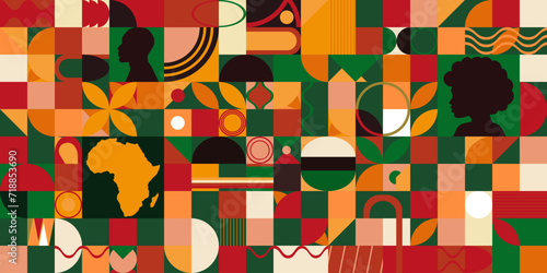 Modernism style Black History Month holiday abstract pattern banner, wallpaper, web, card, background . Celebration print design cover with African continent flag, african man and woman profile.