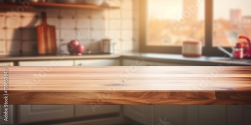 Blurry kitchen table with wooden plank top, perfect for showcasing designs. © Sona