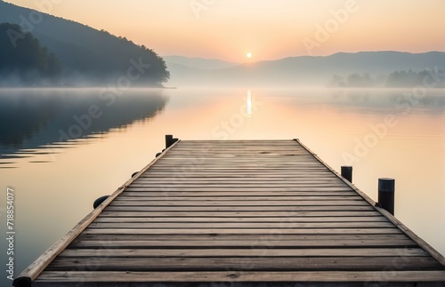 Rectangular lake dock, beautiful sunrise, foggy, calm water