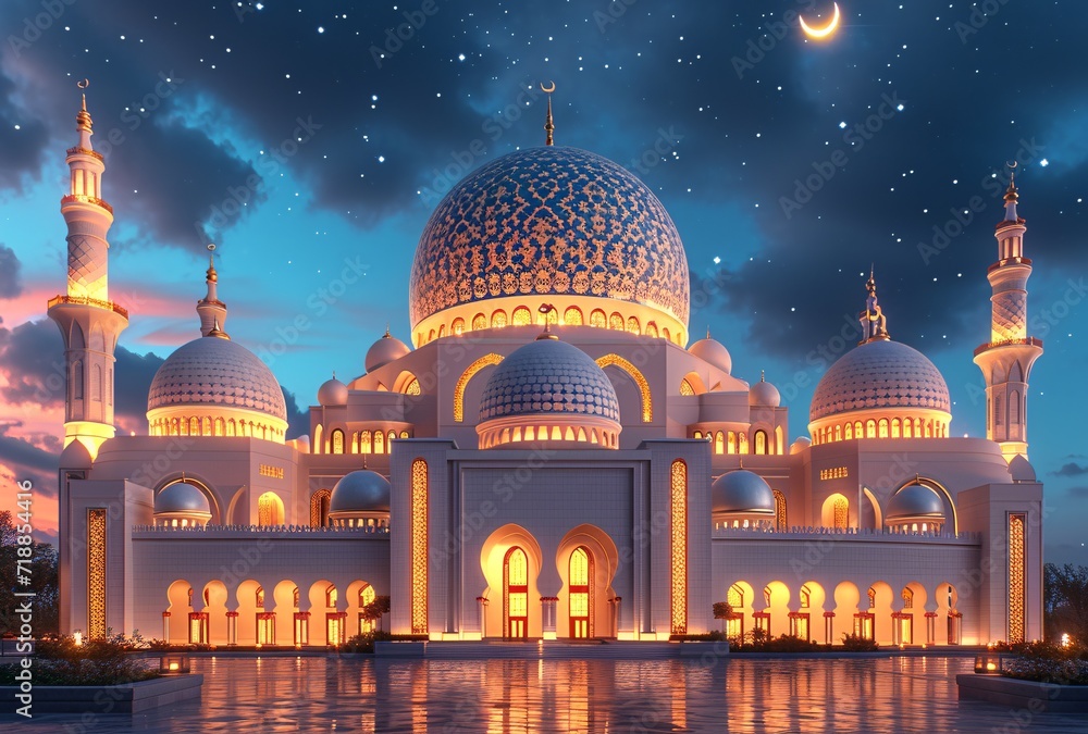 Glowing Mosque at Night: A Stunning Sight for the Full Moon Generative AI