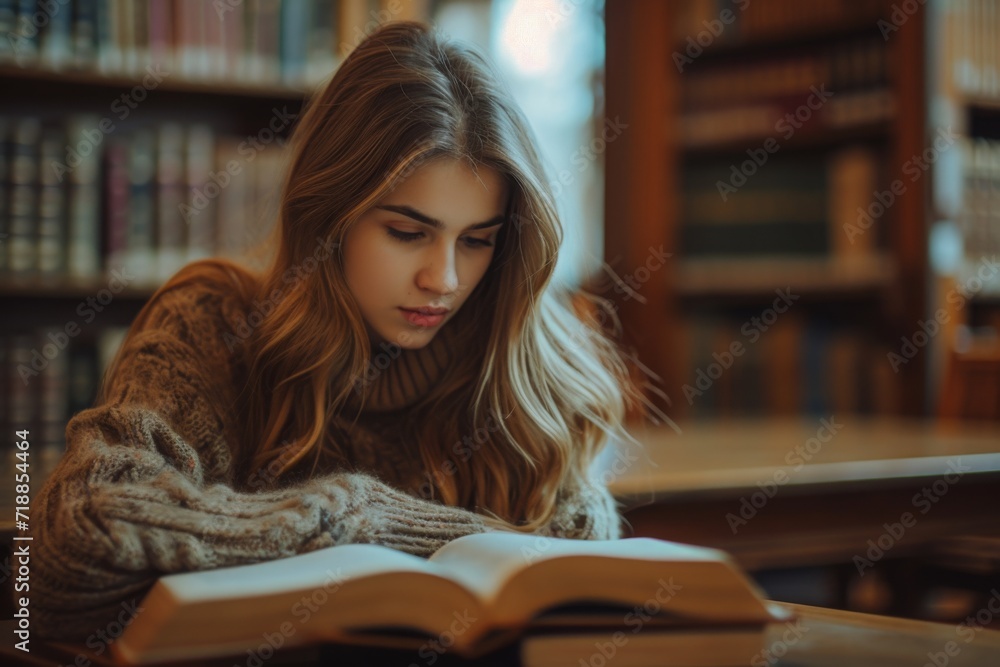 Young girl student reading book in library Young girl student reading book in library