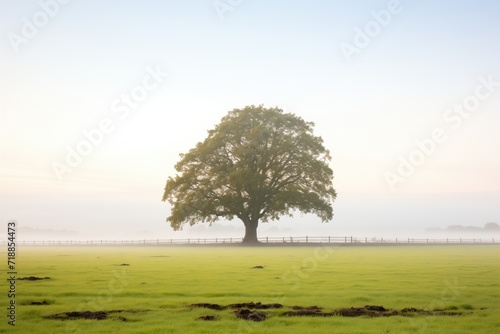 lone tree centered in pasture shrouded in mist