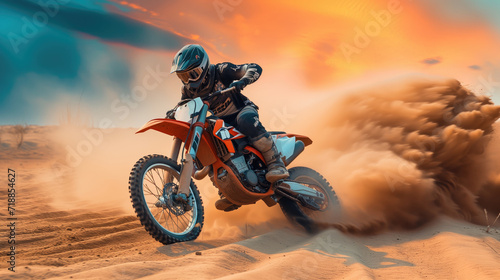 a dynamic scene of a motocross rider in action  dust and sand is being kicked up by the bike s tires  generative ai