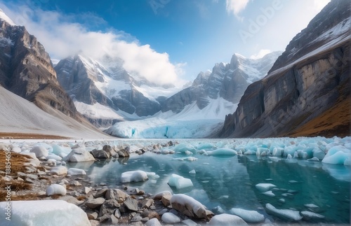 A mindblowing scene of glaciers with frozen lake and cliff