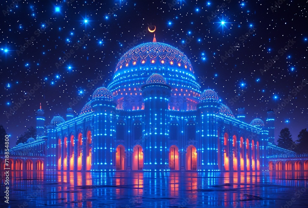 Fototapeta premium Glowing Blue Mosque at Night: A Stellar Starry Night Experience Generative AI