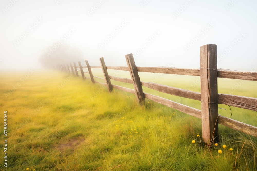 Fototapeta premium wooden fence leading into a foggy, grassy landscape