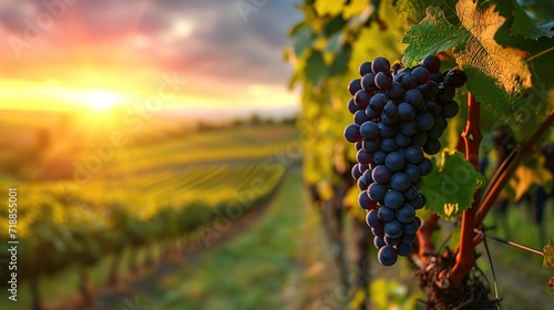 Black grape on vineyards background, winery at sunset, panoramic view banner