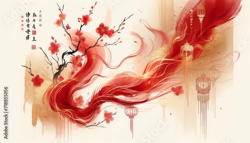 A watercolor-inspired abstract background with flowing red and gold strokes, evoking the feel of traditional Chinese art, embellished with faint outlines of cherry blossoms and lanterns. © bluebeat76
