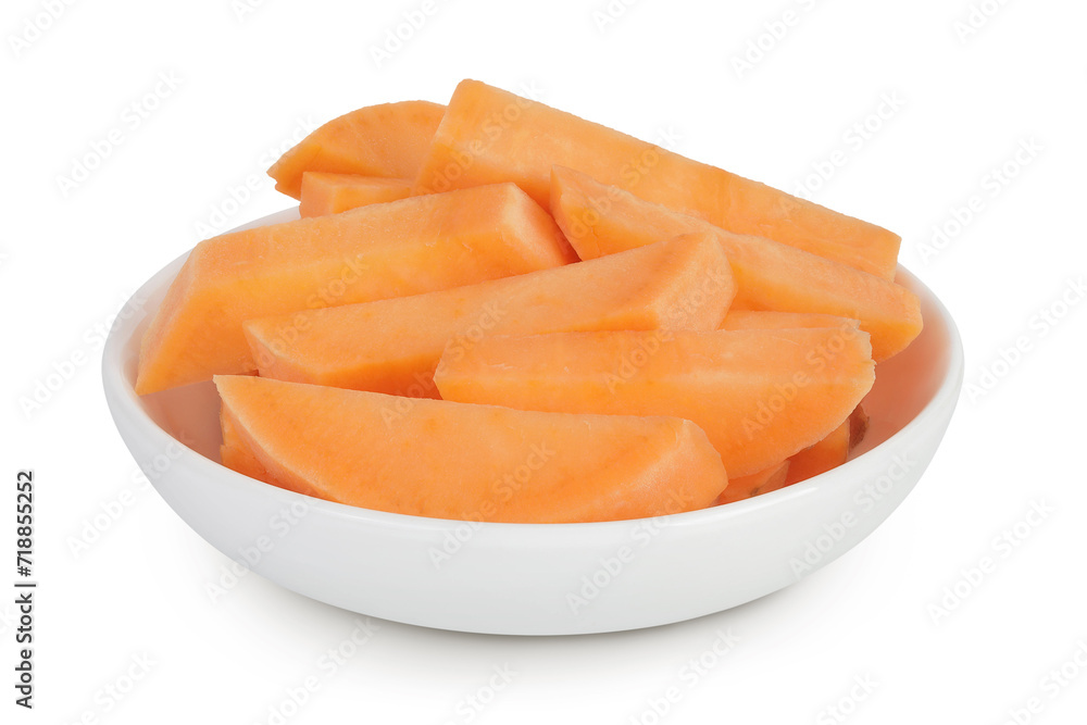 Sweet potato slices in a ceramic bowl isolated on white background with full depth of field Sweet potato slices in a ceramic bowl isolated on white background with full depth of field