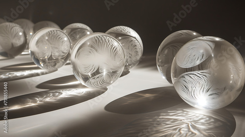 A composition of levitating glass spheres with intricate engravings, casting shadows that converge a neutral surface