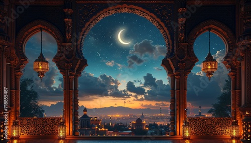 Ramadan Nightscape: A Serene View of the City from the Balcony Generative AI