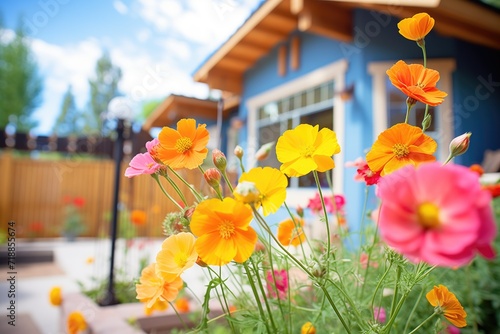 bright flowers bordering a pueblostyle residence photo