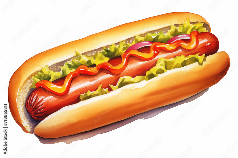 custom made wallpaper toronto digitalDelicious homemade hot dog with salad, ketchup and mustard. Hot dog watercolor illustration, sharp white background.
Hot dog on white background, watercolor illustration