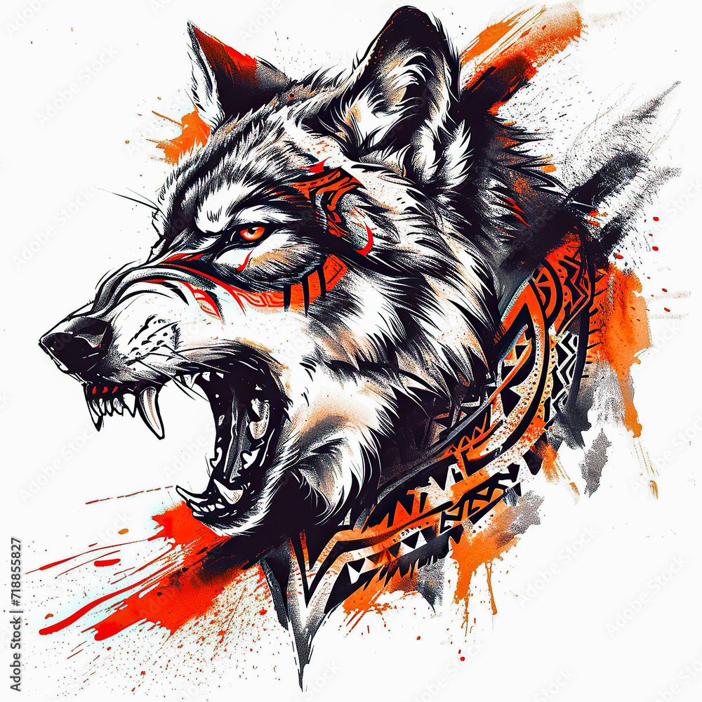 Wolf polynesian style design for tattoo or t-shirt print flat vector generative ai