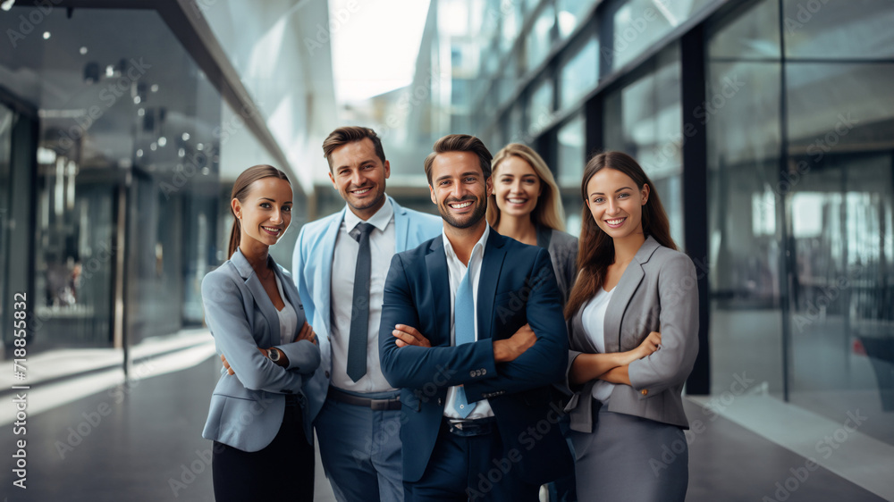 Businesspeople and their team exude positivity in a lively group photo, showcasing dynamic body language that reflects the collective success and enthusiasm within the office. Generative ai. Businesspeople and their team exude positivity in a lively group photo, showcasing dynamic body language that reflects the collective success and enthusiasm within the office. Generative ai.
