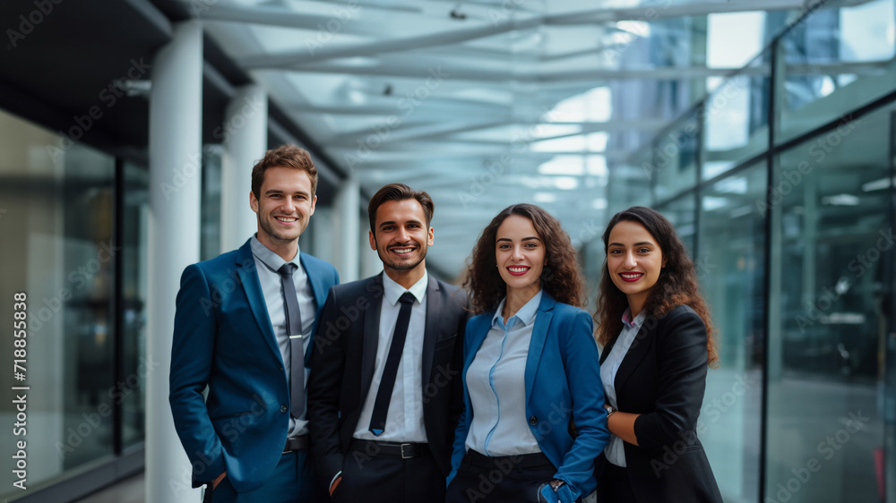Businesspeople and their team exude positivity in a lively group photo, showcasing dynamic body language that reflects the collective success and enthusiasm within the office. Generative ai. Businesspeople and their team exude positivity in a lively group photo, showcasing dynamic body language that reflects the collective success and enthusiasm within the office. Generative ai.