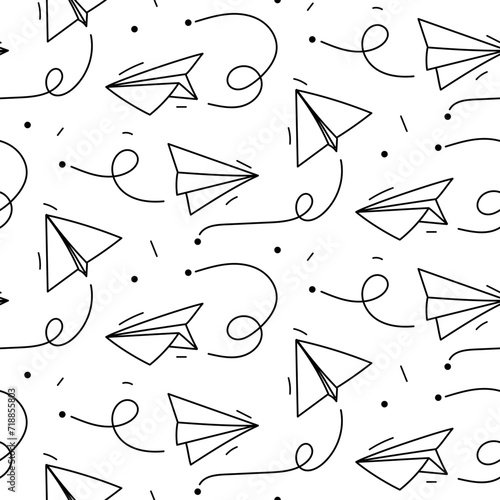 Seamless pattern with vector paper airplane. The journey, the symbol of the route. Vector illustration of a background with a hand-drawn paper airplane. Contour. A hand-drawn airplane. A black linear