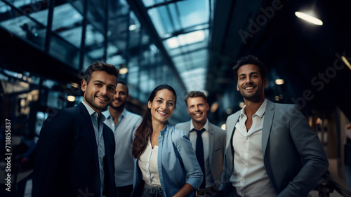 Businesspeople and their team exude positivity in a lively group photo, showcasing dynamic body language that reflects the collective success and enthusiasm within the office. Generative ai. photo