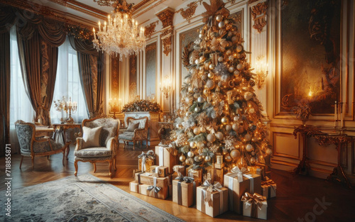 Amazing and cozy christmas living room interior with modular sofa, boucle armchair, wooden consola, candlestick, christmas tree, gifts, decoration and elegant accessories © Ruslan Gilmanshin