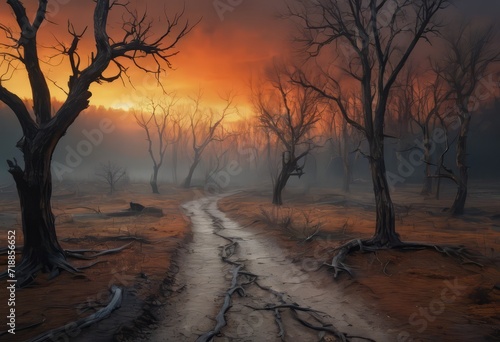 Scorched earth with dirt walking track, path through burnt landscape after bushfire, forest fire