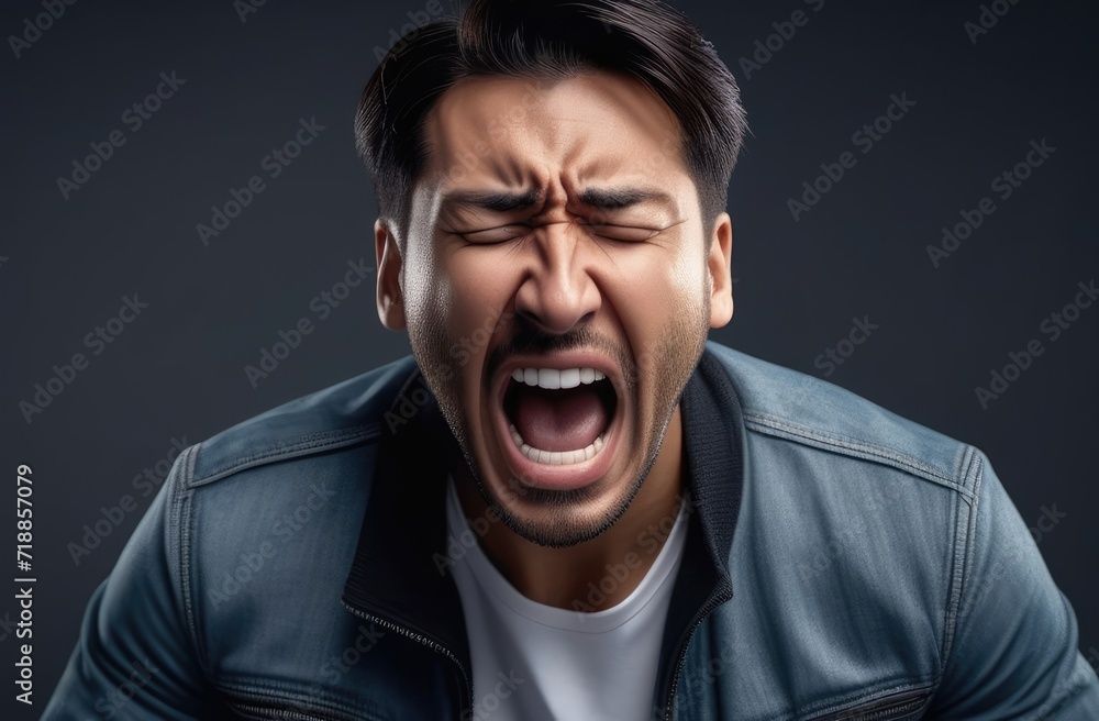 shock and emotional breakdown, depression. upset Asian man screaming, crying on dark grey background shock and emotional breakdown, depression. upset Asian man screaming, crying on dark grey background