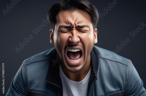 shock and emotional breakdown, depression. upset Asian man screaming, crying on dark grey background © Artem Zatsepilin