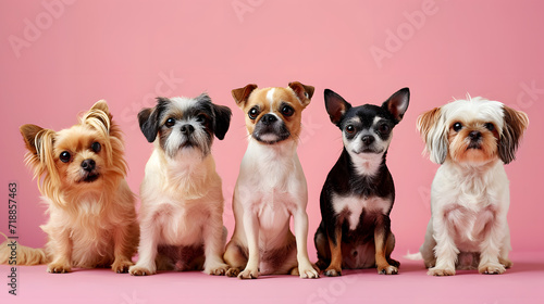 Banner group of different dogs Isolated on pink background