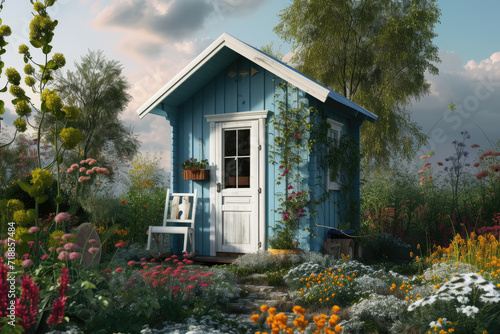 a blue and white tiny cabin on a meadow with plants