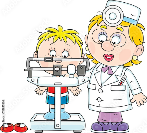 Doctor measuring a weight of a little boy on scales during a medical examination in a pediatric polyclinic, vector cartoon illustration isolated on a white background
