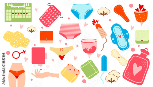 Hand drawn menstrual periods set tampon, pads, menstrual cup. Female regular menstrual cycle concept.